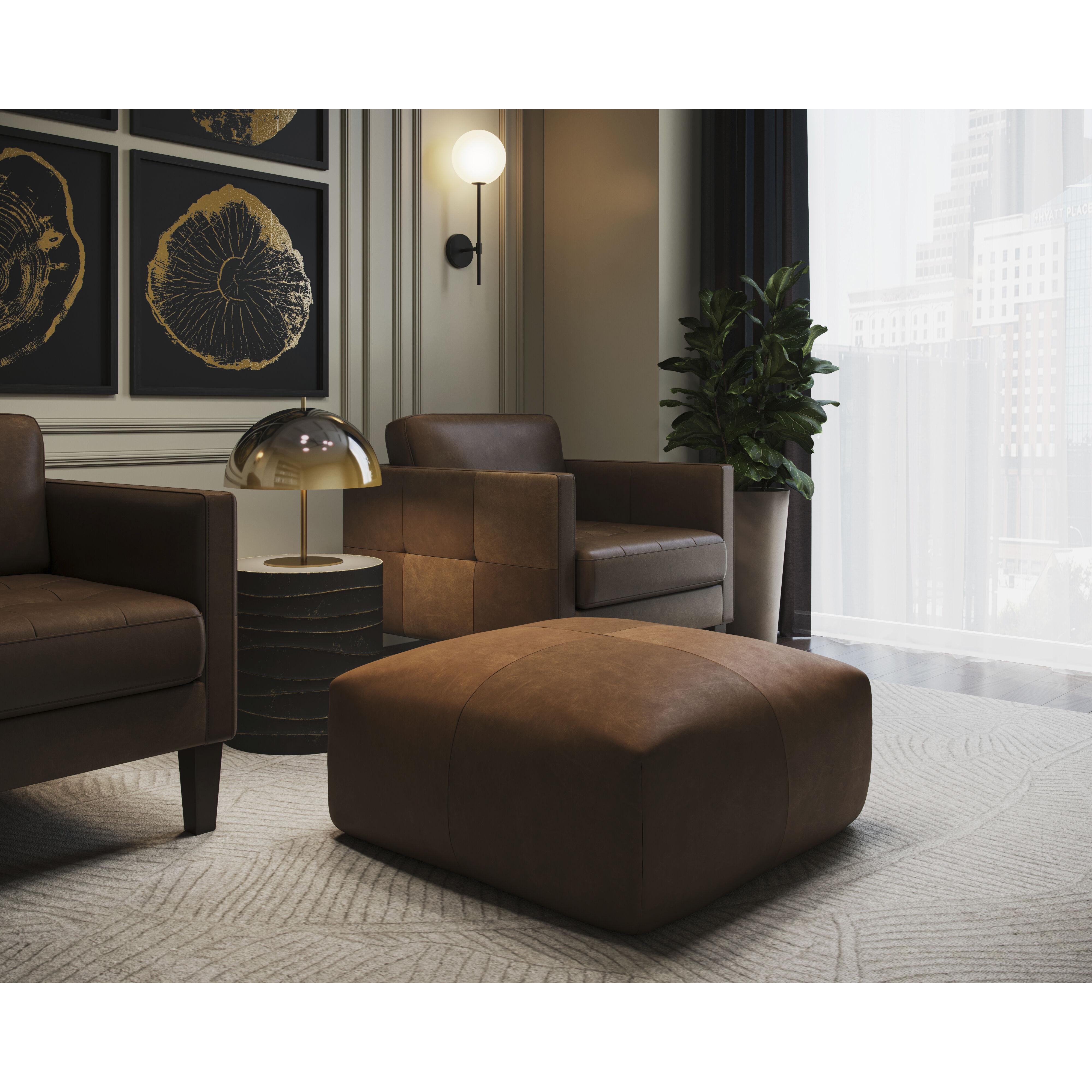 Elio 16 inch Cognac Leather Ottoman